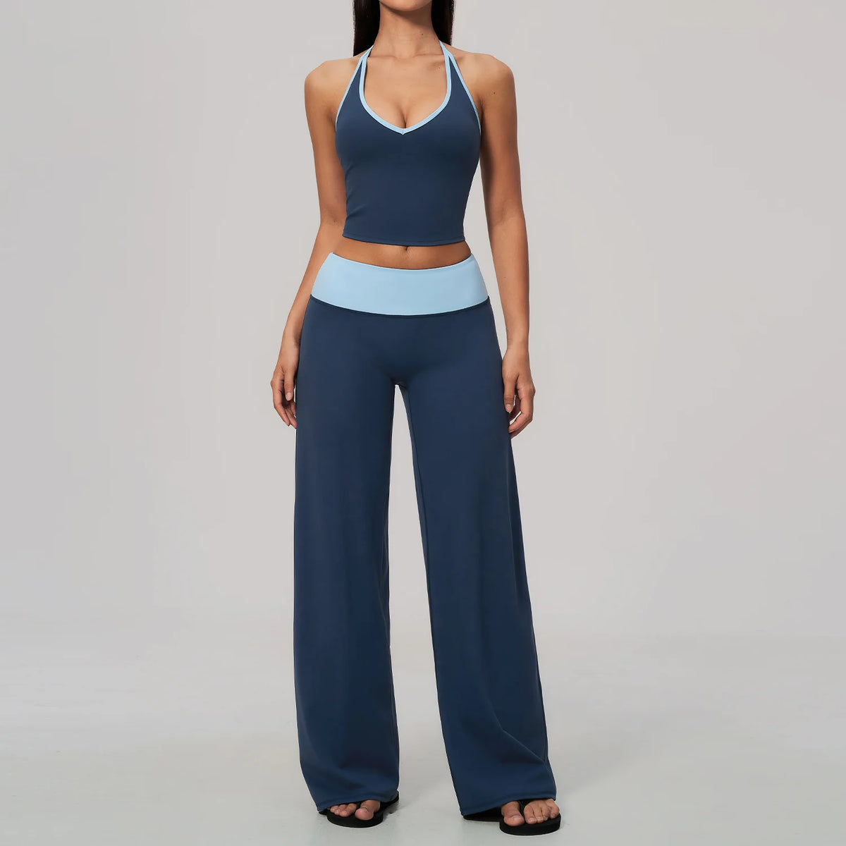 Women 2/3Piece Yoga Set Fitness Suit Gym Clothing Workout Tracksuit Sportswear Colorblock Halter Long Sleeve Top Wide Leg Pants