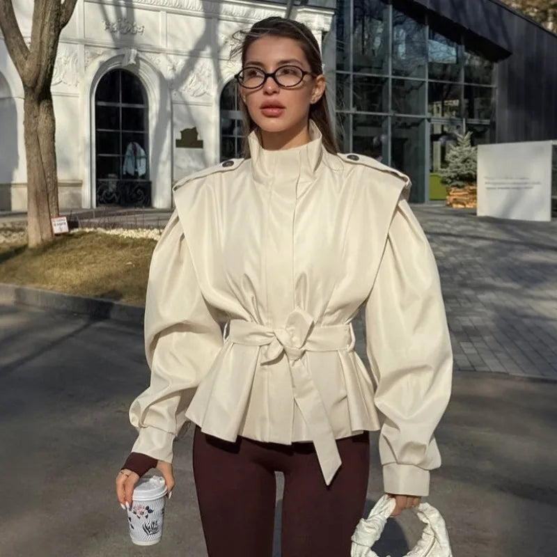 Talenza Autumn Vintage Coats New Lapel Lace-up Slim Solid Trench Coats Jacket Women Casual Patchwork High Street Office Jackets