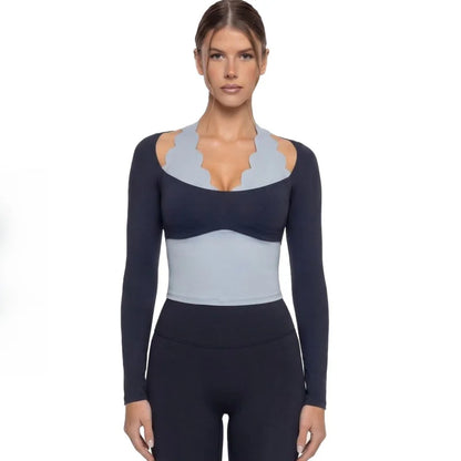 Gym Clothes Woman Color-blocking Lace Yoga Top Slim Fit Breathable Long Sleeve Sportswear Fitness Leggings Workout Athletic Wear