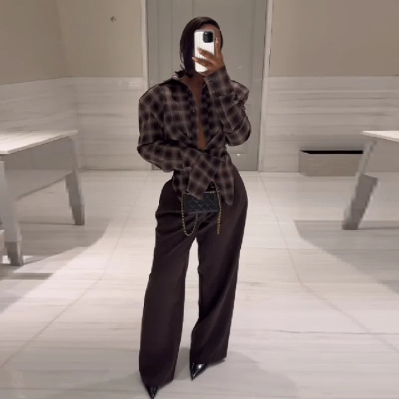 Chique sexy xadrez camisa de manga comprida designers lisonjeiro elegante casual feminino outono topos na moda feminina streetwear