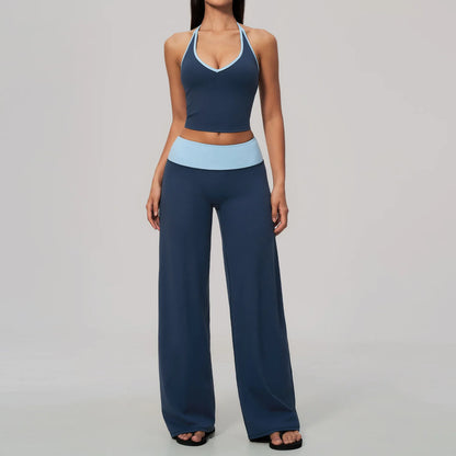 Women 2/3Piece Yoga Set Fitness Suit Gym Clothing Workout Tracksuit Sportswear Colorblock Halter Long Sleeve Top Wide Leg Pants