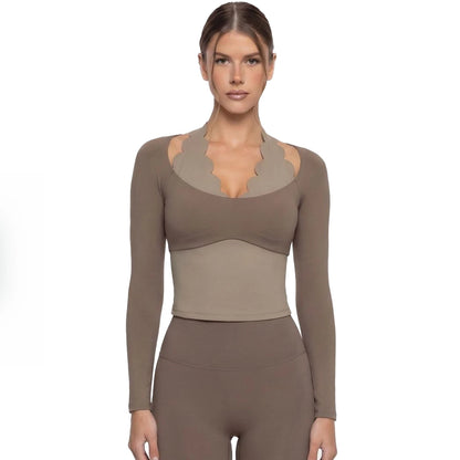 Gym Clothes Woman Color-blocking Lace Yoga Top Slim Fit Breathable Long Sleeve Sportswear Fitness Leggings Workout Athletic Wear