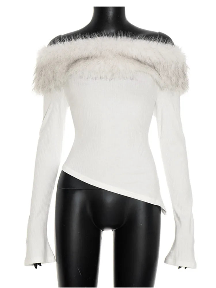 Joskaa 2025 Fall Women's Faux Fur Collar Crop Tops Sexy Off Shoulder Full Sleeve Asymmetric T-Shirts White Tees Y2K Streetwear