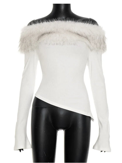 Joskaa 2025 Fall Women's Faux Fur Collar Crop Tops Sexy Off Shoulder Full Sleeve Asymmetric T-Shirts White Tees Y2K Streetwear