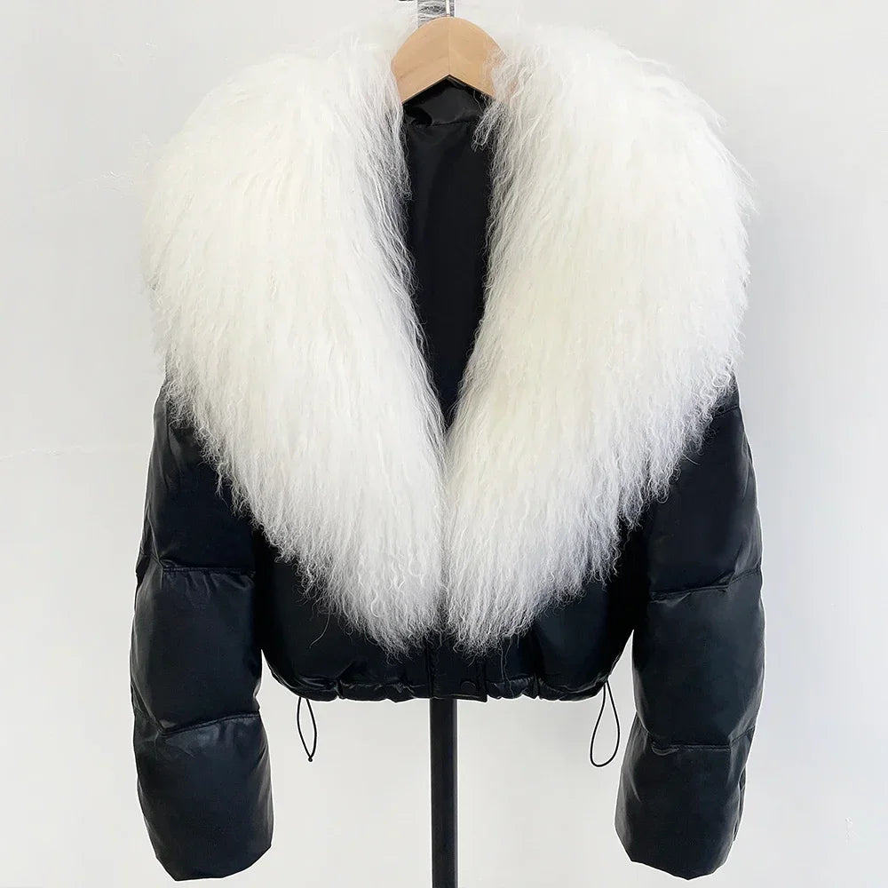 2025 New Autumn Winter Coat White Duck Down Coat Female Waterproof Short PU Puffer Jacket Women Real Mongolia Sheep Fur Collar