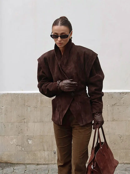 Dark Brown Suede Oversized Blazer Women Long Sleeve Wide Shoulders Coat 2025 New Autumn Highstreet Leisure Chic Lady Outerwears