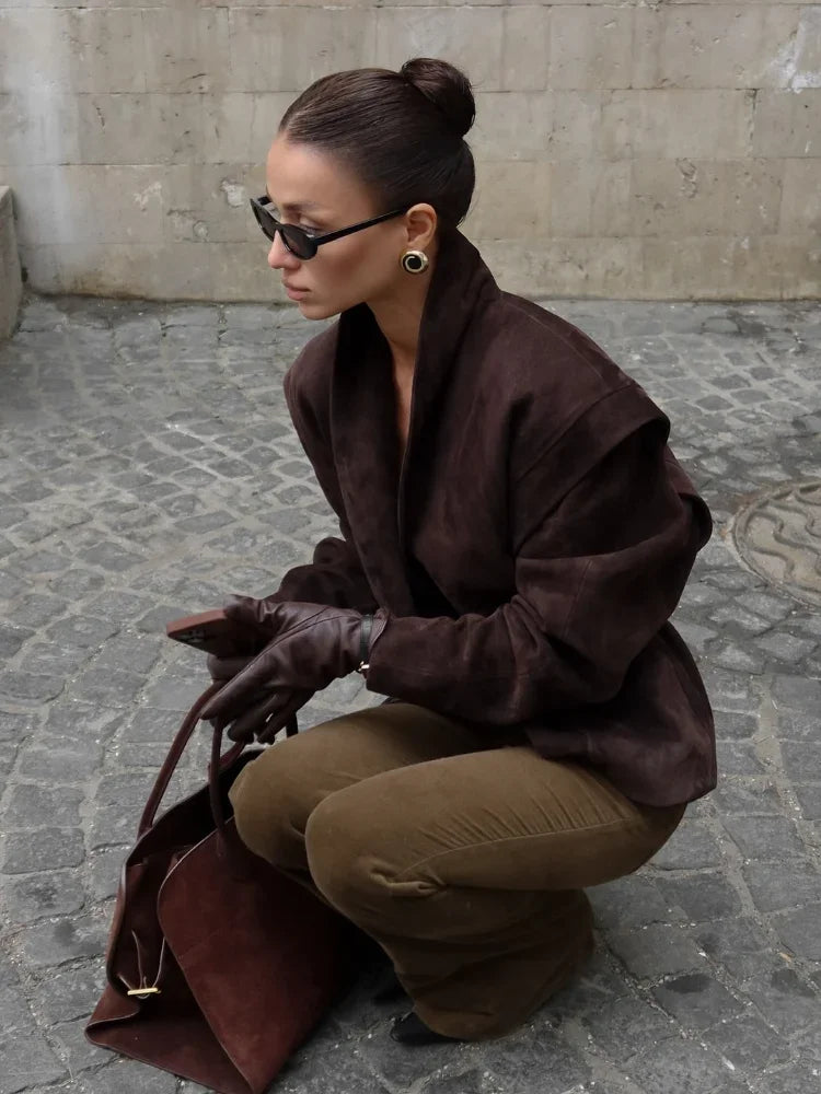 Dark Brown Suede Oversized Blazer Women Long Sleeve Wide Shoulders Coat 2025 New Autumn Highstreet Leisure Chic Lady Outerwears
