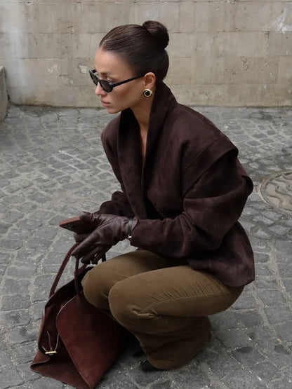 Dark Brown Suede Oversized Blazer Women Long Sleeve Wide Shoulders Coat 2025 New Autumn Highstreet Leisure Chic Lady Outerwears