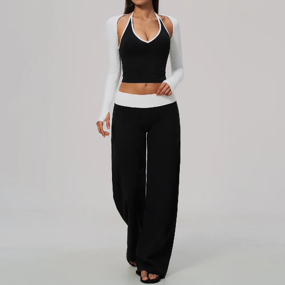 Women 2/3Piece Yoga Set Fitness Suit Gym Clothing Workout Tracksuit Sportswear Colorblock Halter Long Sleeve Top Wide Leg Pants