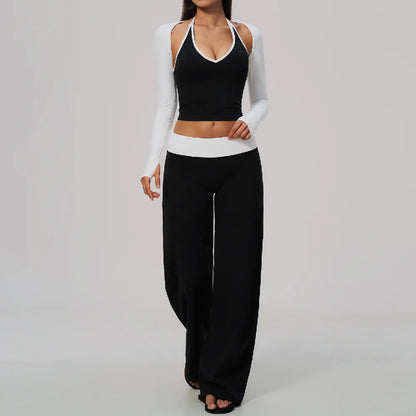 Women 2/3Piece Yoga Set Fitness Suit Gym Clothing Workout Tracksuit Sportswear Colorblock Halter Long Sleeve Top Wide Leg Pants