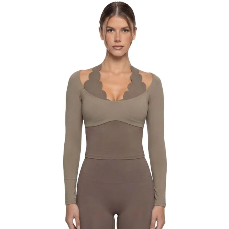 Gym Clothes Woman Color-blocking Lace Yoga Top Slim Fit Breathable Long Sleeve Sportswear Fitness Leggings Workout Athletic Wear