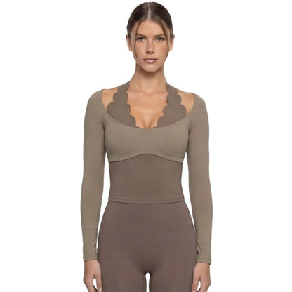 Gym Clothes Woman Color-blocking Lace Yoga Top Slim Fit Breathable Long Sleeve Sportswear Fitness Leggings Workout Athletic Wear