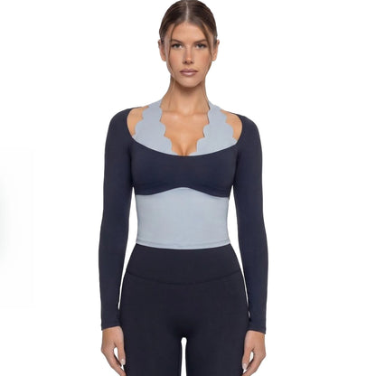 Gym Clothes Woman Color-blocking Lace Yoga Top Slim Fit Breathable Long Sleeve Sportswear Fitness Leggings Workout Athletic Wear