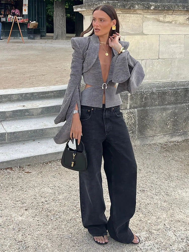 Sexy Deep V-neck Woolen Jackets Women's Hollow Up Waist Split Flare Long Sleeves Metal Buckle Coat High Street Fashion Jacket