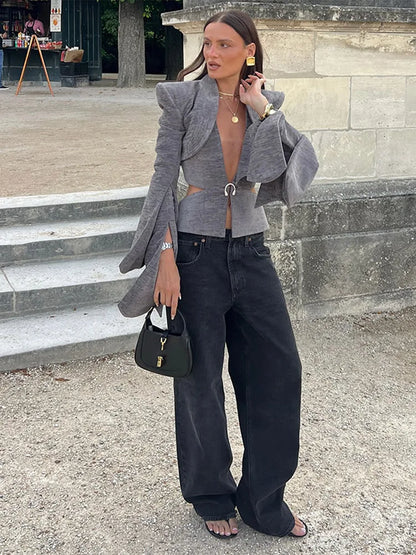 Sexy Deep V-neck Woolen Jackets Women's Hollow Up Waist Split Flare Long Sleeves Metal Buckle Coat High Street Fashion Jacket