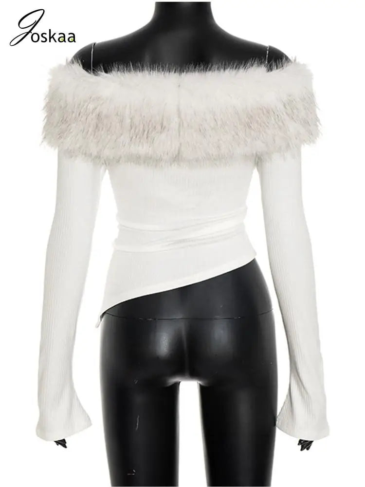 Joskaa 2025 Fall Women's Faux Fur Collar Crop Tops Sexy Off Shoulder Full Sleeve Asymmetric T-Shirts White Tees Y2K Streetwear