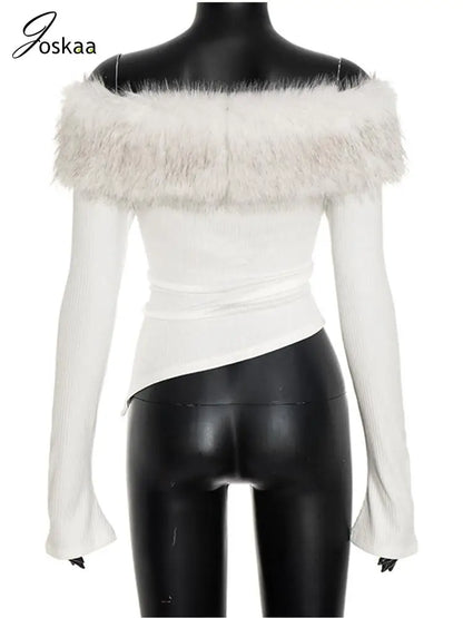 Joskaa 2025 Fall Women's Faux Fur Collar Crop Tops Sexy Off Shoulder Full Sleeve Asymmetric T-Shirts White Tees Y2K Streetwear