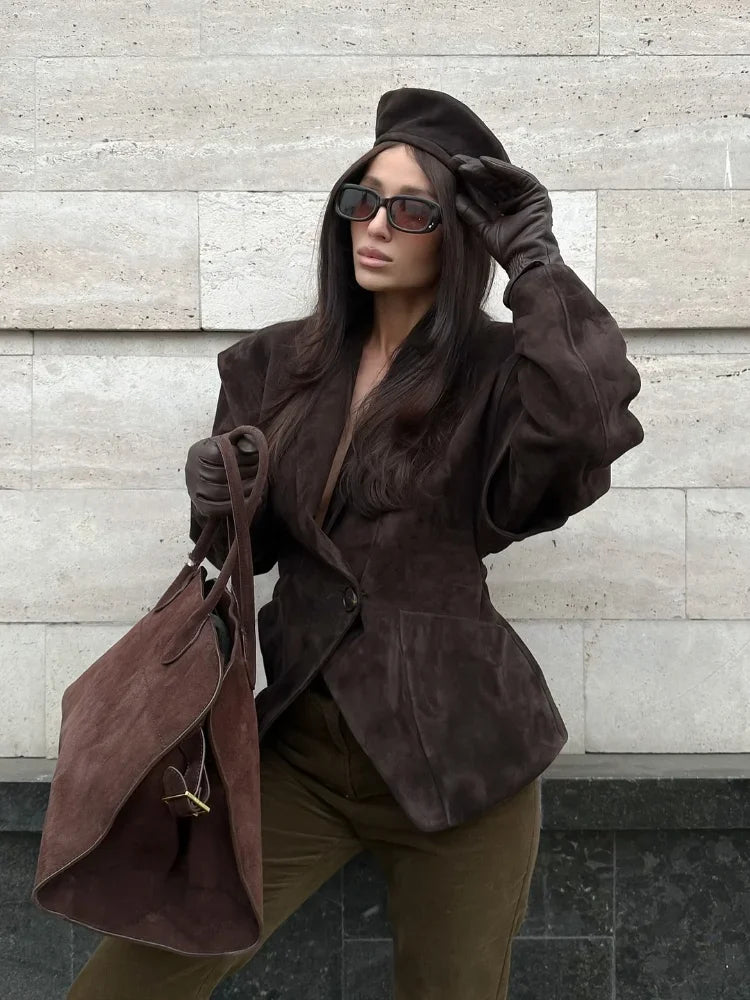 Dark Brown Suede Oversized Blazer Women Long Sleeve Wide Shoulders Coat 2025 New Autumn Highstreet Leisure Chic Lady Outerwears