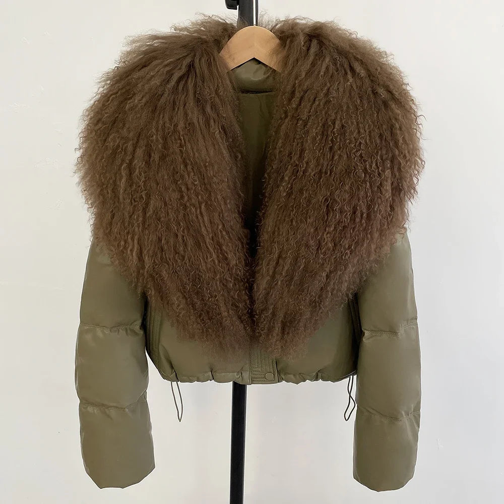 2025 New Autumn Winter Coat White Duck Down Coat Female Waterproof Short PU Puffer Jacket Women Real Mongolia Sheep Fur Collar