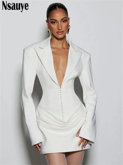 Nsauye Elegant Evening Short Dress Women Fall Long Sleeve Sexy Fashion Night Club Party White Mini Wrap Corset Dress 2025 Winter
