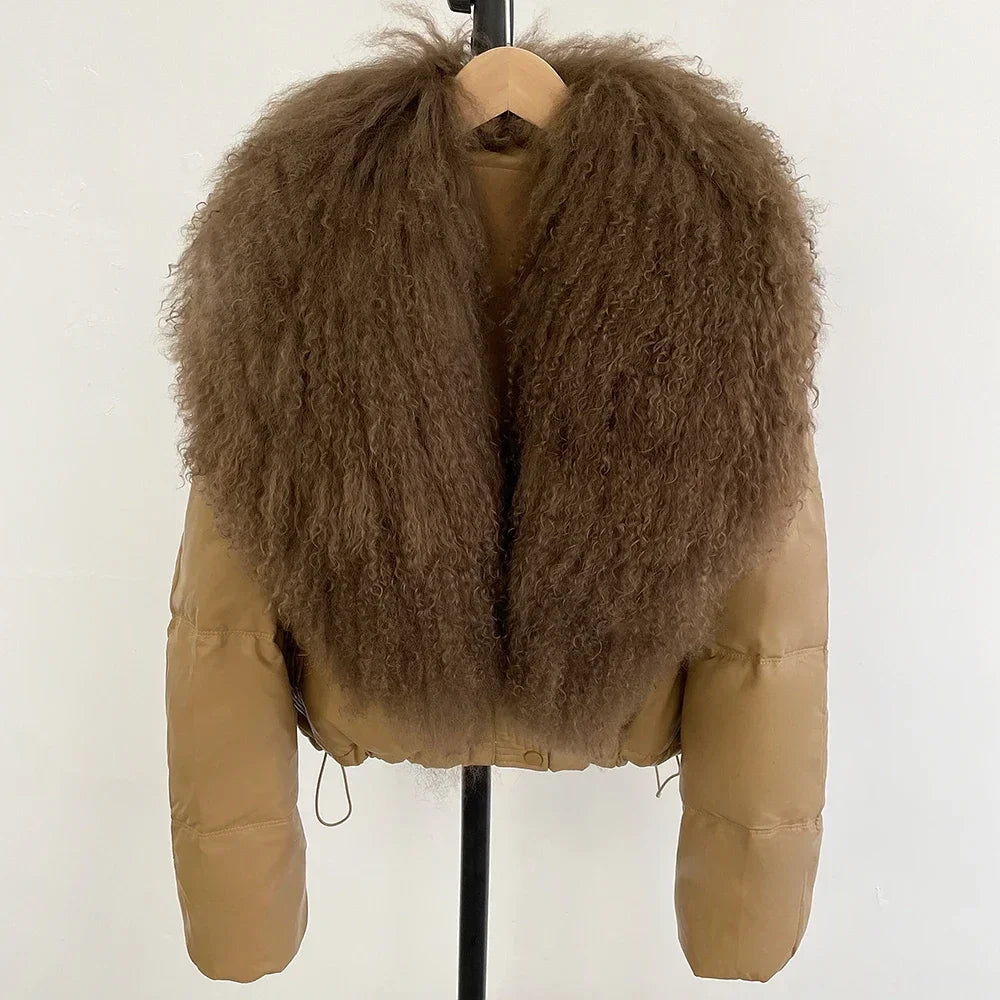 2025 New Autumn Winter Coat White Duck Down Coat Female Waterproof Short PU Puffer Jacket Women Real Mongolia Sheep Fur Collar