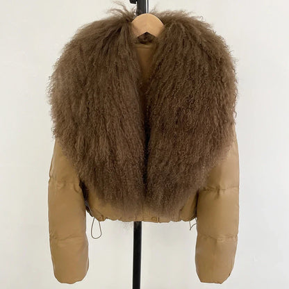 2025 New Autumn Winter Coat White Duck Down Coat Female Waterproof Short PU Puffer Jacket Women Real Mongolia Sheep Fur Collar