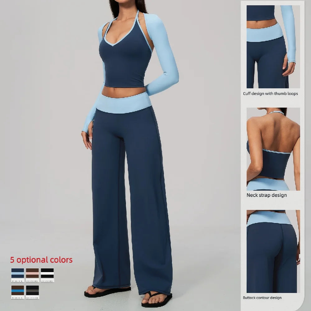 Women 2/3Piece Yoga Set Fitness Suit Gym Clothing Workout Tracksuit Sportswear Colorblock Halter Long Sleeve Top Wide Leg Pants