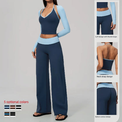 Women 2/3Piece Yoga Set Fitness Suit Gym Clothing Workout Tracksuit Sportswear Colorblock Halter Long Sleeve Top Wide Leg Pants
