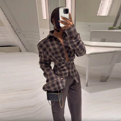 Chique sexy xadrez camisa de manga comprida designers lisonjeiro elegante casual feminino outono topos na moda feminina streetwear