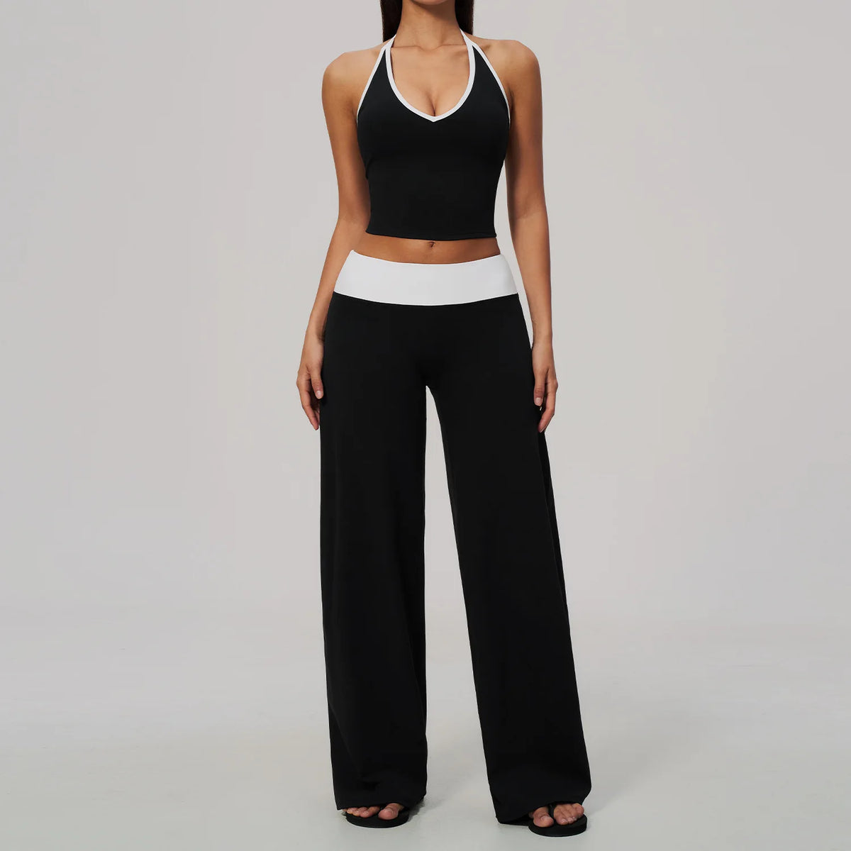 Women 2/3Piece Yoga Set Fitness Suit Gym Clothing Workout Tracksuit Sportswear Colorblock Halter Long Sleeve Top Wide Leg Pants