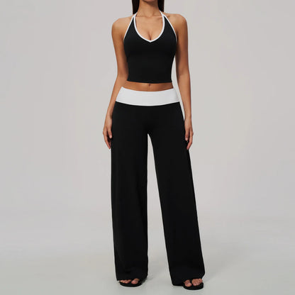 Women 2/3Piece Yoga Set Fitness Suit Gym Clothing Workout Tracksuit Sportswear Colorblock Halter Long Sleeve Top Wide Leg Pants