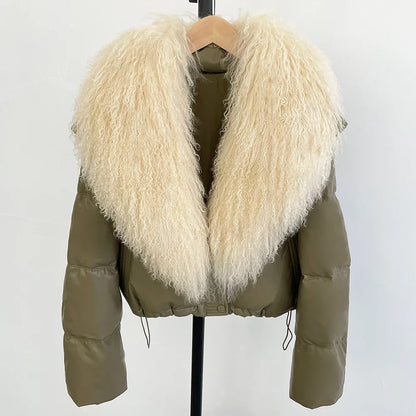 2025 New Autumn Winter Coat White Duck Down Coat Female Waterproof Short PU Puffer Jacket Women Real Mongolia Sheep Fur Collar
