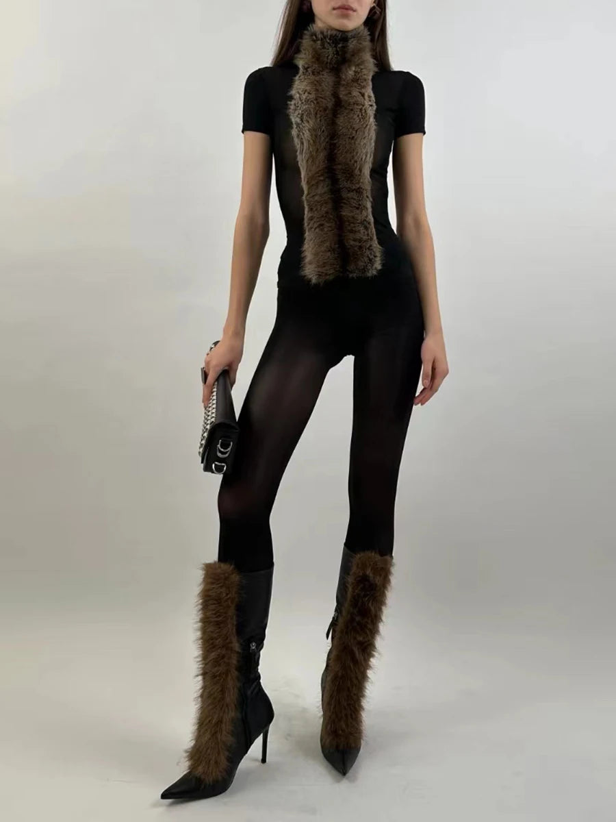 TWOTWINSTYLE Fashionable Sheer Playsuit for Women Stand Collar Short Sleeve Slimming Play Palysuits Female Autumn Clothing New