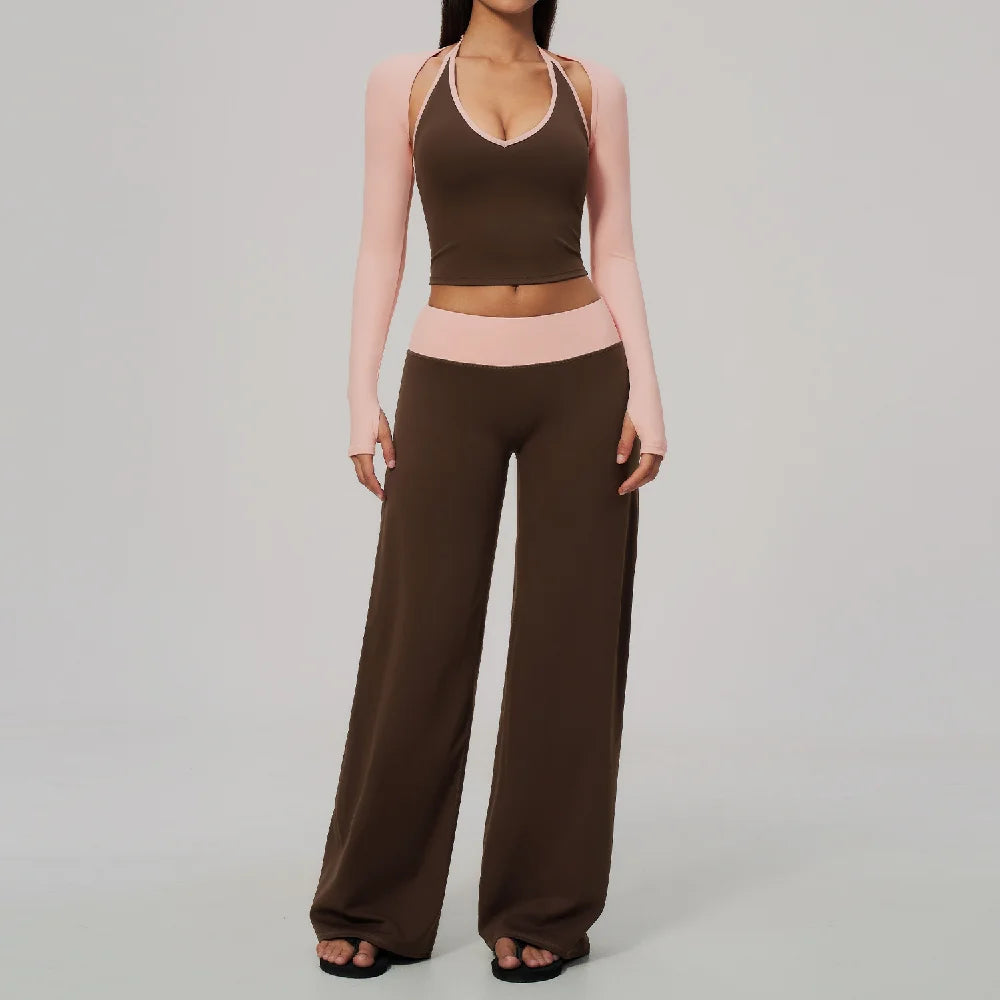 Women 2/3Piece Yoga Set Fitness Suit Gym Clothing Workout Tracksuit Sportswear Colorblock Halter Long Sleeve Top Wide Leg Pants