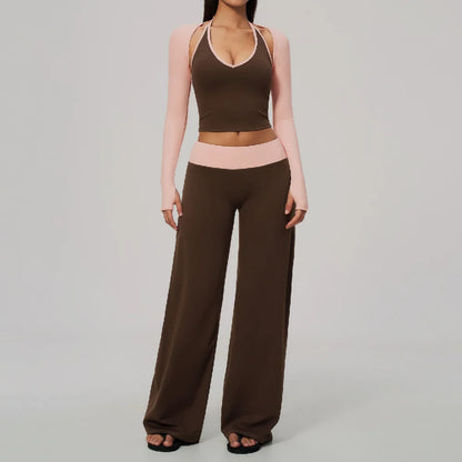 Women 2/3Piece Yoga Set Fitness Suit Gym Clothing Workout Tracksuit Sportswear Colorblock Halter Long Sleeve Top Wide Leg Pants