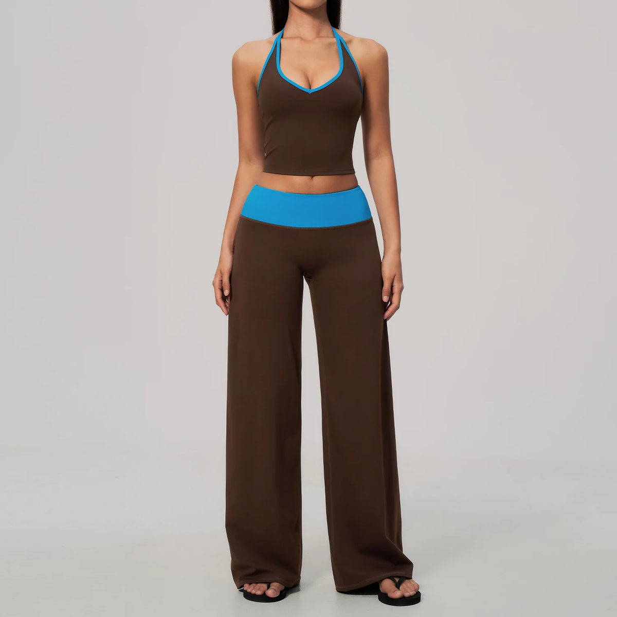 Women 2/3Piece Yoga Set Fitness Suit Gym Clothing Workout Tracksuit Sportswear Colorblock Halter Long Sleeve Top Wide Leg Pants