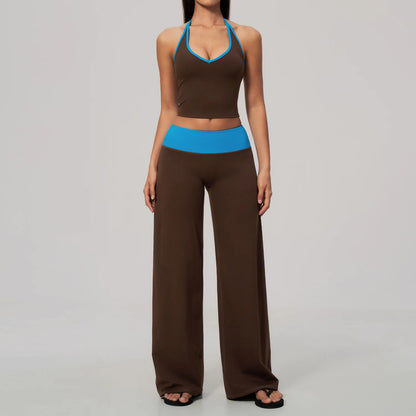 Women 2/3Piece Yoga Set Fitness Suit Gym Clothing Workout Tracksuit Sportswear Colorblock Halter Long Sleeve Top Wide Leg Pants