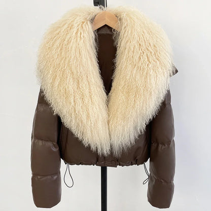 2025 New Autumn Winter Coat White Duck Down Coat Female Waterproof Short PU Puffer Jacket Women Real Mongolia Sheep Fur Collar