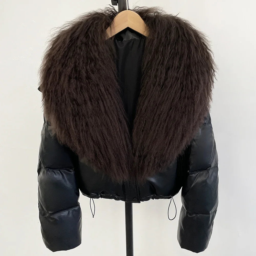 2025 New Autumn Winter Coat White Duck Down Coat Female Waterproof Short PU Puffer Jacket Women Real Mongolia Sheep Fur Collar