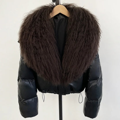 2025 New Autumn Winter Coat White Duck Down Coat Female Waterproof Short PU Puffer Jacket Women Real Mongolia Sheep Fur Collar