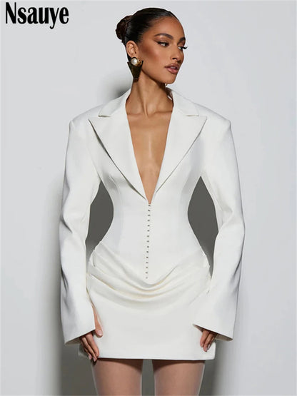 Nsauye Elegant Evening Short Dress Women Fall Long Sleeve Sexy Fashion Night Club Party White Mini Wrap Corset Dress 2025 Winter