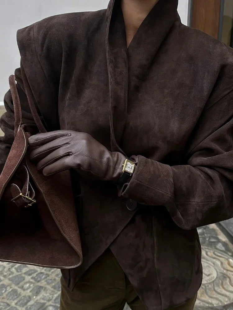 Dark Brown Suede Oversized Blazer Women Long Sleeve Wide Shoulders Coat 2025 New Autumn Highstreet Leisure Chic Lady Outerwears