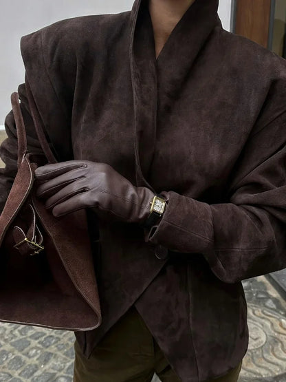 Dark Brown Suede Oversized Blazer Women Long Sleeve Wide Shoulders Coat 2025 New Autumn Highstreet Leisure Chic Lady Outerwears