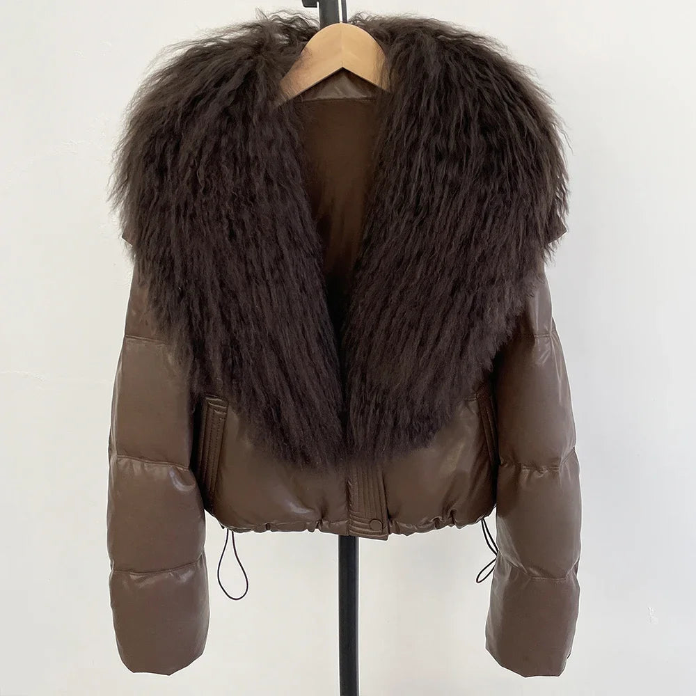 2025 New Autumn Winter Coat White Duck Down Coat Female Waterproof Short PU Puffer Jacket Women Real Mongolia Sheep Fur Collar