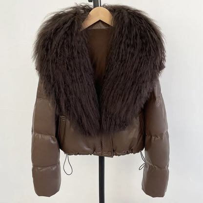 2025 New Autumn Winter Coat White Duck Down Coat Female Waterproof Short PU Puffer Jacket Women Real Mongolia Sheep Fur Collar