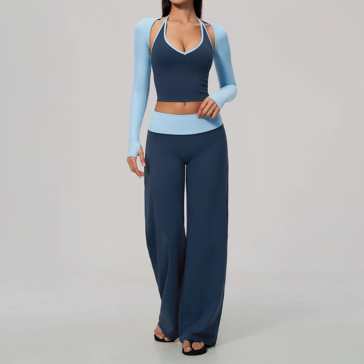 Women 2/3Piece Yoga Set Fitness Suit Gym Clothing Workout Tracksuit Sportswear Colorblock Halter Long Sleeve Top Wide Leg Pants