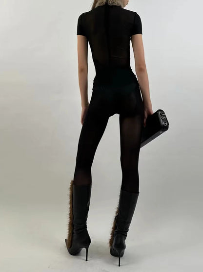 TWOTWINSTYLE Fashionable Sheer Playsuit for Women Stand Collar Short Sleeve Slimming Play Palysuits Female Autumn Clothing New