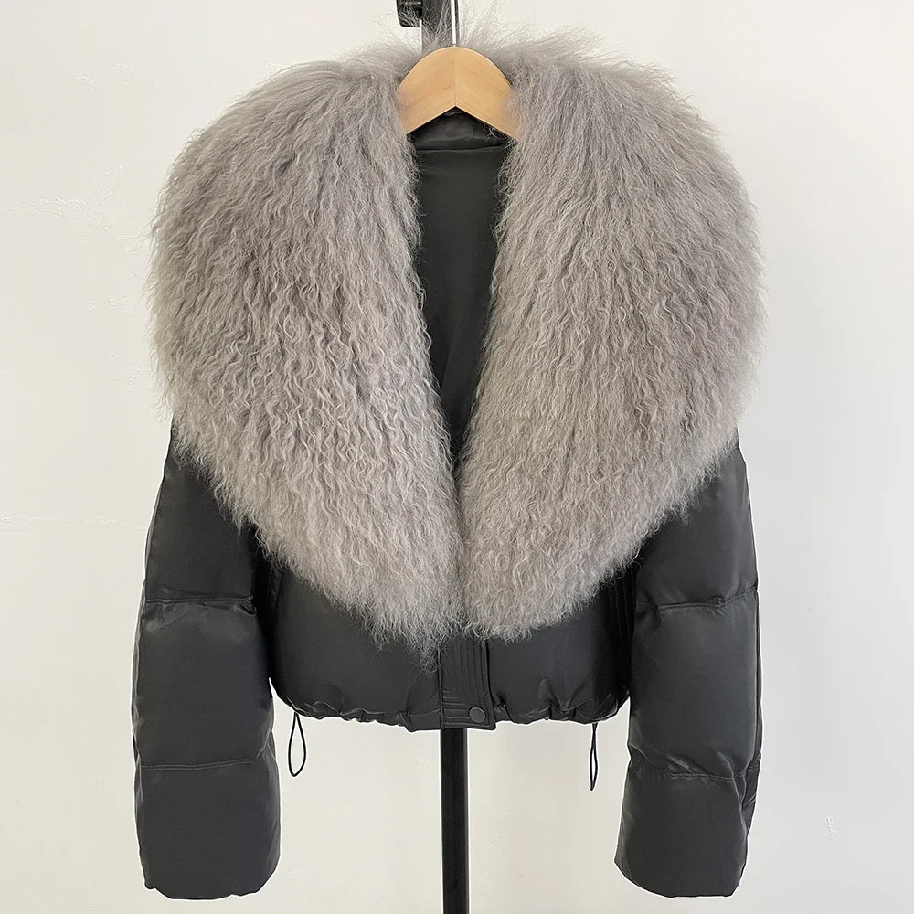 2025 New Autumn Winter Coat White Duck Down Coat Female Waterproof Short PU Puffer Jacket Women Real Mongolia Sheep Fur Collar