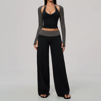 Women 2/3Piece Yoga Set Fitness Suit Gym Clothing Workout Tracksuit Sportswear Colorblock Halter Long Sleeve Top Wide Leg Pants