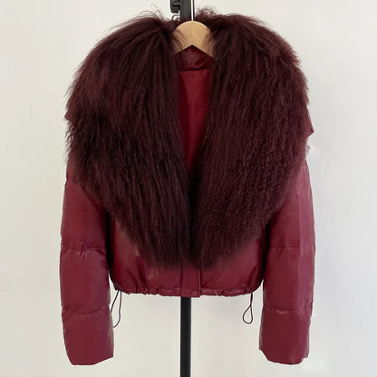 2025 New Autumn Winter Coat White Duck Down Coat Female Waterproof Short PU Puffer Jacket Women Real Mongolia Sheep Fur Collar